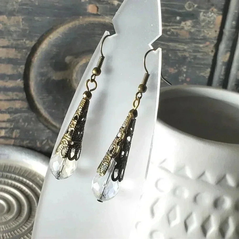 🔥POPUP SALE!🔥 Bronze Faceted Crystal Clear Luster Antiqued Filigree Earrings